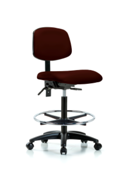 Blue Ridge Ergonomics VHBCH-RG-T1-A0-CF-RC-8569 Rutledge Vinyl Chair - High Bench Height with Seat Tilt, Chrome Foot Ring, & Casters in Burgundy Trailblazer™ Vinyl