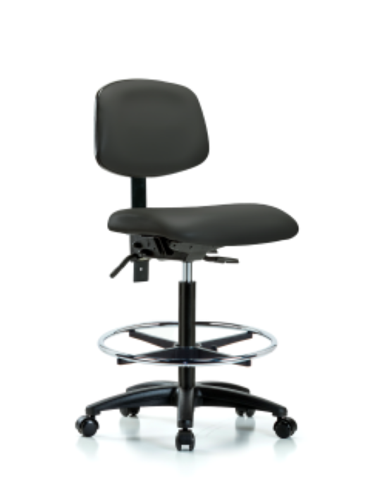 Blue Ridge Ergonomics VHBCH-RG-T1-A0-CF-RC-8605 Rutledge Vinyl Chair - High Bench Height with Seat Tilt, Chrome Foot Ring, & Casters in Charcoal Trailblazer™ Vinyl