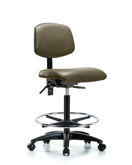 Blue Ridge Ergonomics VHBCH-RG-T1-A0-CF-RC-8809 Rutledge Vinyl Chair - High Bench Height with Seat Tilt, Chrome Foot Ring, & Casters in Taupe Supernova™ Vinyl