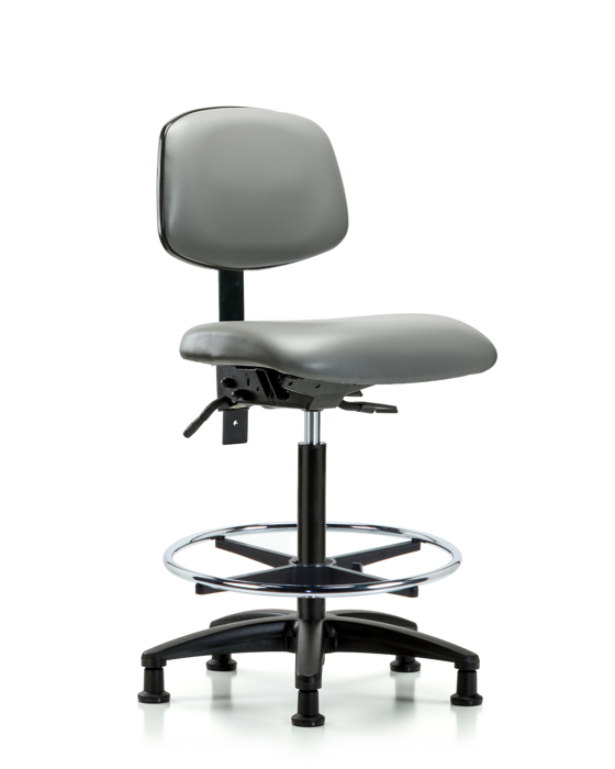 Blue Ridge Ergonomics VHBCH-RG-T1-A0-CF-RG-8840 Rutledge Vinyl Chair - High Bench Height with Seat Tilt, Chrome Foot Ring, & Stationary Glides in Sterling Supernova™ Vinyl