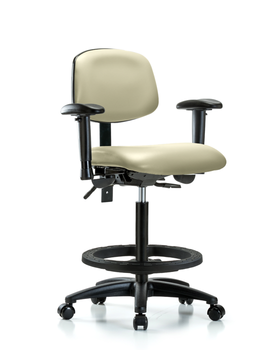 Blue Ridge Ergonomics VHBCH-RG-T1-A1-BF-RC-8501 Rutledge Vinyl Chair - High Bench Height with Seat Tilt, Adjustable Arms, Black Foot Ring, & Casters in Adobe White Trailblazer™ Vinyl