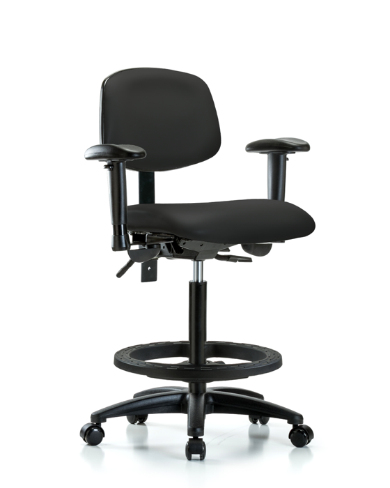 Blue Ridge Ergonomics VHBCH-RG-T1-A1-BF-RC-8540 Rutledge Vinyl Chair - High Bench Height with Seat Tilt, Adjustable Arms, Black Foot Ring, & Casters in Black Trailblazer™ Vinyl