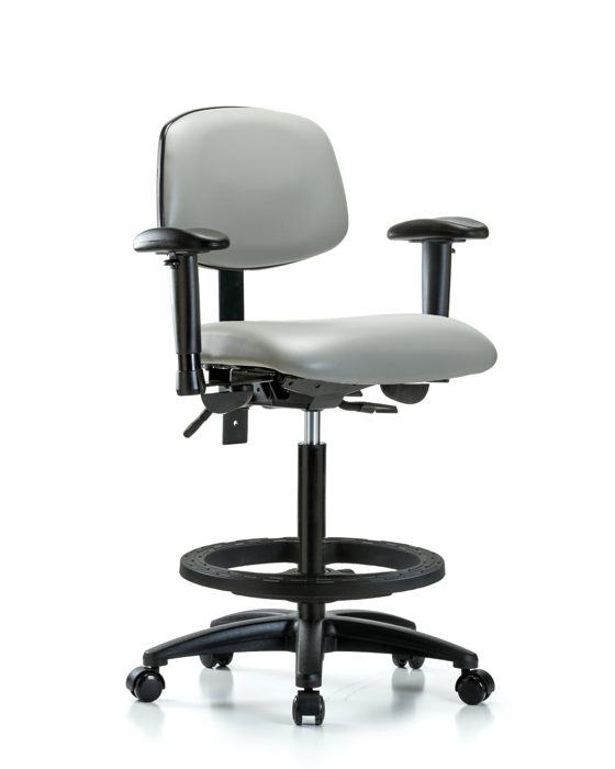 Blue Ridge Ergonomics VHBCH-RG-T1-A1-BF-RC-8567 Rutledge Vinyl Chair - High Bench Height with Seat Tilt, Adjustable Arms, Black Foot Ring, & Casters in Dove Trailblazer™ Vinyl