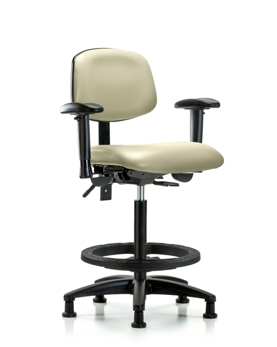 Blue Ridge Ergonomics VHBCH-RG-T1-A1-BF-RG-8501 Rutledge Vinyl Chair - High Bench Height with Seat Tilt, Adjustable Arms, Black Foot Ring, & Stationary Glides in Adobe White Trailblazer™ Vinyl