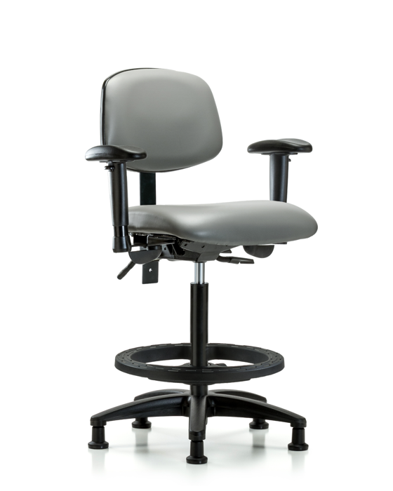 Blue Ridge Ergonomics VHBCH-RG-T1-A1-BF-RG-8840 Rutledge Vinyl Chair - High Bench Height with Seat Tilt, Adjustable Arms, Black Foot Ring, & Stationary Glides in Sterling Supernova™ Vinyl
