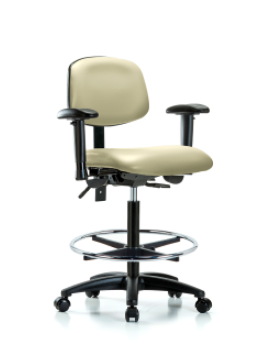 Blue Ridge Ergonomics VHBCH-RG-T1-A1-CF-RC-8501 Rutledge Vinyl Chair - High Bench Height with Seat Tilt, Adjustable Arms, Chrome Foot Ring, & Casters in Adobe White Trailblazer™ Vinyl