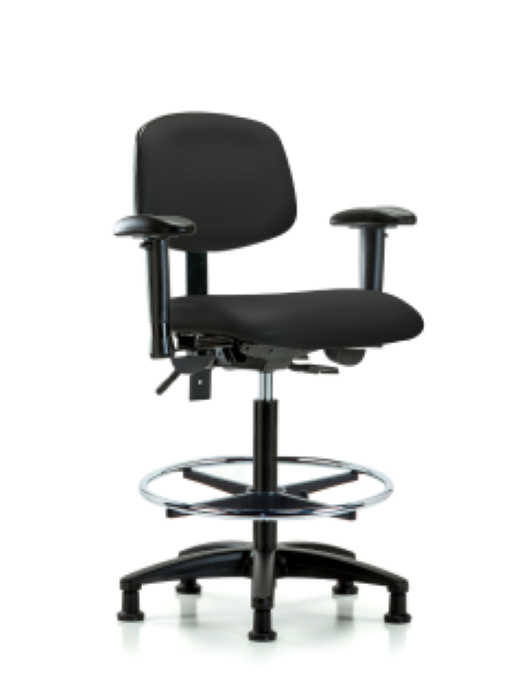 Blue Ridge Ergonomics VHBCH-RG-T1-A1-CF-RG-8540 Rutledge Vinyl Chair - High Bench Height with Seat Tilt, Adjustable Arms, Chrome Foot Ring, & Stationary Glides in Black Trailblazer™ Vinyl