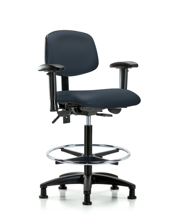 Blue Ridge Ergonomics VHBCH-RG-T1-A1-CF-RG-8582 Rutledge Vinyl Chair - High Bench Height with Seat Tilt, Adjustable Arms, Chrome Foot Ring, & Stationary Glides in Imperial Blue Trailblazer™ Vinyl