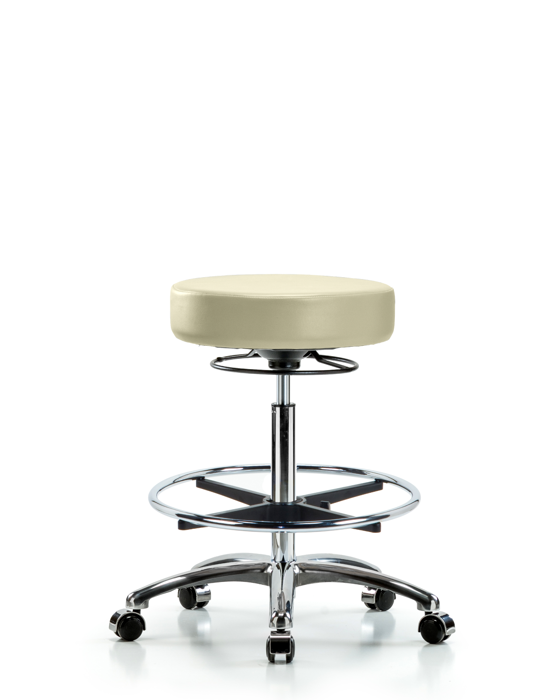 Blue Ridge Ergonomics VHBSO-CR-CF-CC-8501 Rutledge Vinyl Stool without Back Chrome - High Bench Height with Chrome Foot Ring & Casters in Adobe White Trailblazer™ Vinyl