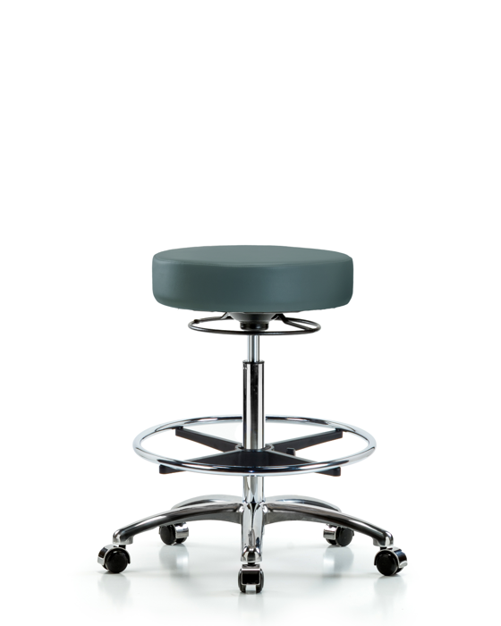 Blue Ridge Ergonomics VHBSO-CR-CF-CC-8546 Rutledge Vinyl Stool without Back Chrome - High Bench Height with Chrome Foot Ring & Casters in Colonial Blue Trailblazer™ Vinyl