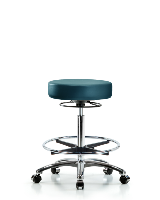 Blue Ridge Ergonomics VHBSO-CR-CF-CC-8801 Rutledge Vinyl Stool without Back Chrome - High Bench Height with Chrome Foot Ring & Casters in Marine Blue Supernova™ Vinyl