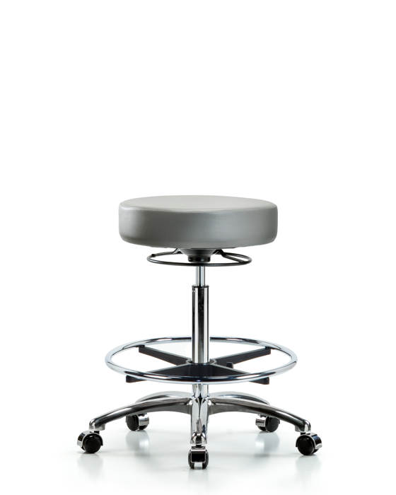 Blue Ridge Ergonomics VHBSO-CR-CF-CC-8840 Rutledge Vinyl Stool without Back Chrome - High Bench Height with Chrome Foot Ring & Casters in Sterling Supernova™ Vinyl