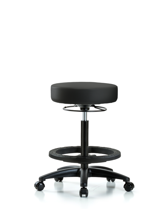 Blue Ridge Ergonomics VHBSO-RG-BF-RC-8540 Rutledge Vinyl Stool without Back - High Bench Height with Black Foot Ring & Casters in Black Trailblazer™ Vinyl