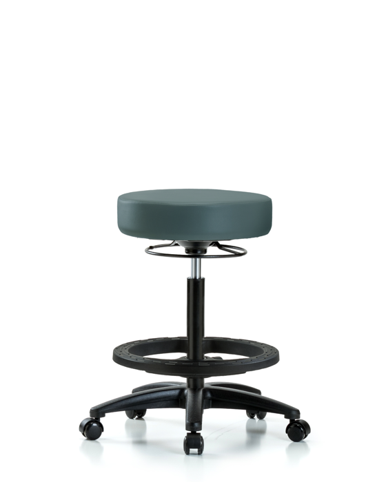Blue Ridge Ergonomics VHBSO-RG-BF-RC-8546 Rutledge Vinyl Stool without Back - High Bench Height with Black Foot Ring & Casters in Colonial Blue Trailblazer™ Vinyl