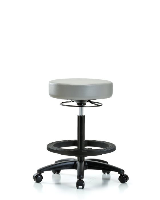 Blue Ridge Ergonomics VHBSO-RG-BF-RC-8567 Rutledge Vinyl Stool without Back - High Bench Height with Black Foot Ring & Casters in Dove Trailblazer™ Vinyl
