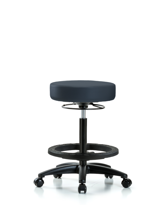 Blue Ridge Ergonomics VHBSO-RG-BF-RC-8582 Rutledge Vinyl Stool without Back - High Bench Height with Black Foot Ring & Casters in Imperial Blue Trailblazer™ Vinyl