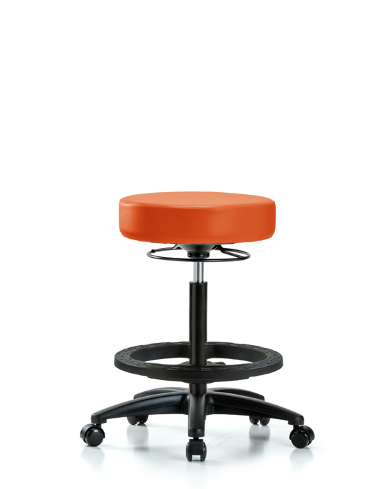 Blue Ridge Ergonomics VHBSO-RG-BF-RC-8613 Rutledge Vinyl Stool without Back - High Bench Height with Black Foot Ring & Casters in Orange Kist Trailblazer™ Vinyl