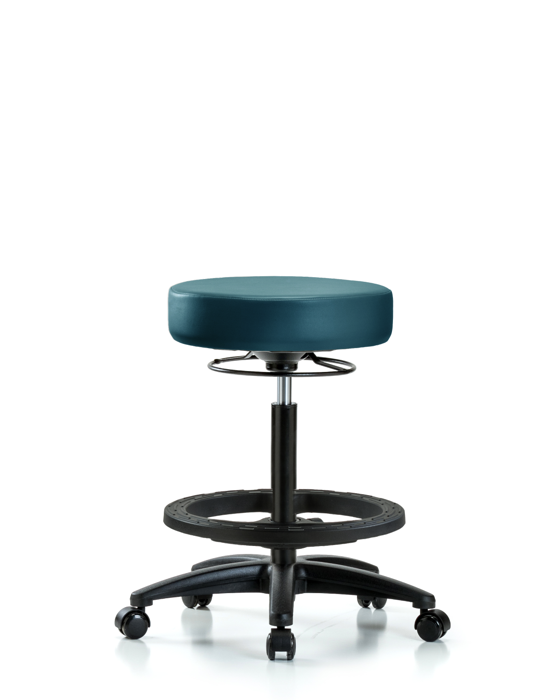 Blue Ridge Ergonomics VHBSO-RG-BF-RC-8801 Rutledge Vinyl Stool without Back - High Bench Height with Black Foot Ring & Casters in Marine Blue Supernova™ Vinyl