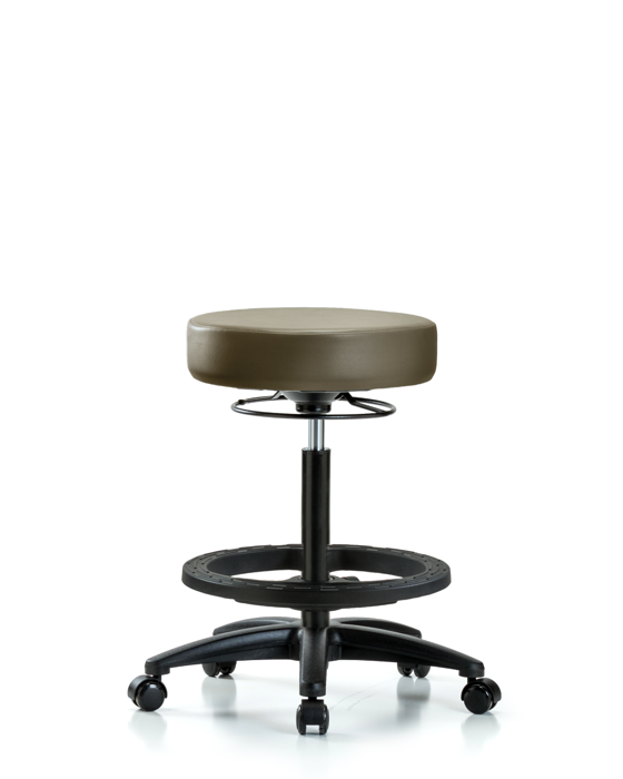 Blue Ridge Ergonomics VHBSO-RG-BF-RC-8809 Rutledge Vinyl Stool without Back - High Bench Height with Black Foot Ring & Casters in Taupe Supernova™ Vinyl