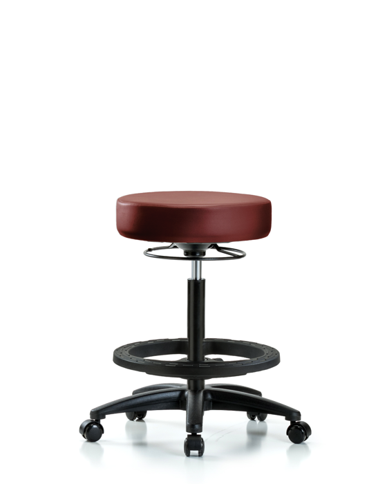 Blue Ridge Ergonomics VHBSO-RG-BF-RC-8815 Rutledge Vinyl Stool without Back - High Bench Height with Black Foot Ring & Casters in Borscht Supernova™ Vinyl