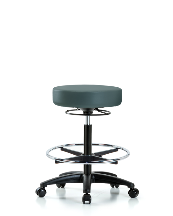 Blue Ridge Ergonomics VHBSO-RG-CF-RC-8546 Rutledge Vinyl Stool without Back - High Bench Height with Chrome Foot Ring & Casters in Colonial Blue Trailblazer™ Vinyl