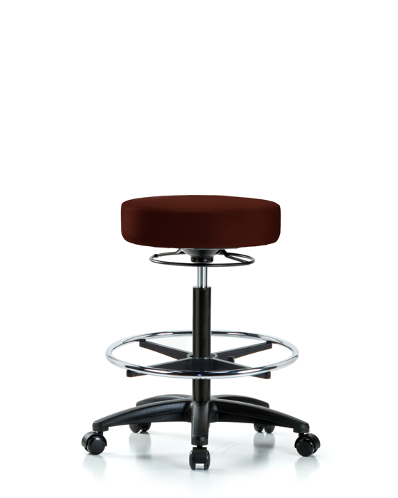 Blue Ridge Ergonomics VHBSO-RG-CF-RC-8569 Rutledge Vinyl Stool without Back - High Bench Height with Chrome Foot Ring & Casters in Burgundy Trailblazer™ Vinyl