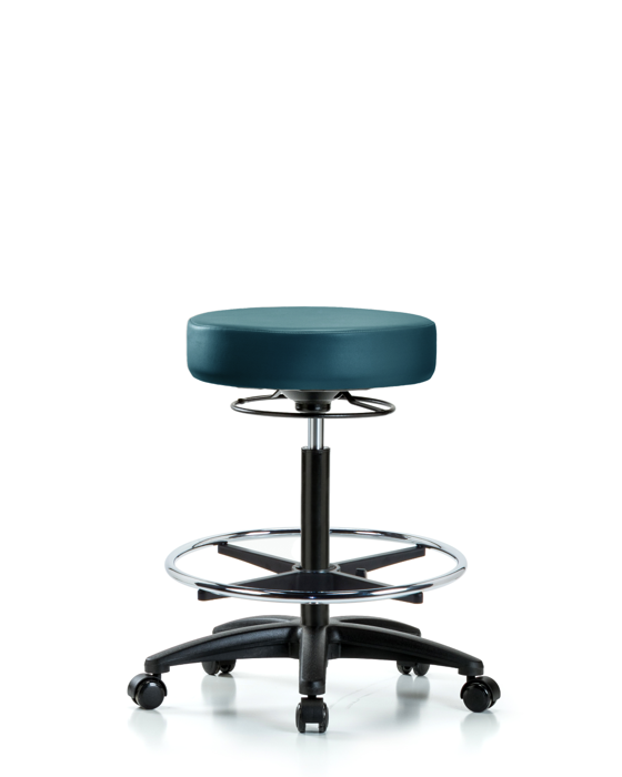 Blue Ridge Ergonomics VHBSO-RG-CF-RC-8801 Rutledge Vinyl Stool without Back - High Bench Height with Chrome Foot Ring & Casters in Marine Blue Supernova™ Vinyl