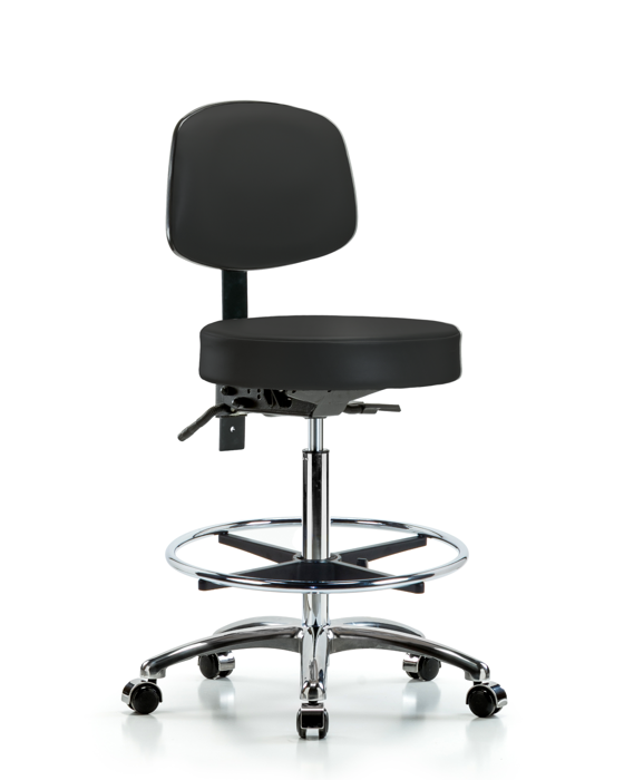 Blue Ridge Ergonomics VHBST-CR-T0-CF-CC-8540 Rutledge Vinyl Stool with Back Chrome - High Bench Height with Chrome Foot Ring & Casters in Black Trailblazer™ Vinyl