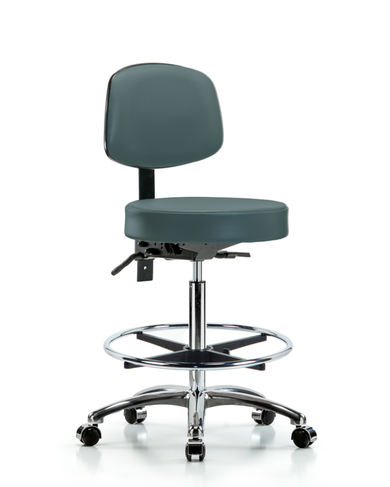 Blue Ridge Ergonomics VHBST-CR-T0-CF-CC-8546 Rutledge Vinyl Stool with Back Chrome - High Bench Height with Chrome Foot Ring & Casters in Colonial Blue Trailblazer™ Vinyl