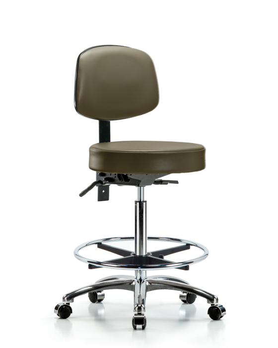 Blue Ridge Ergonomics VHBST-CR-T0-CF-CC-8809 Rutledge Vinyl Stool with Back Chrome - High Bench Height with Chrome Foot Ring & Casters in Taupe Supernova™ Vinyl
