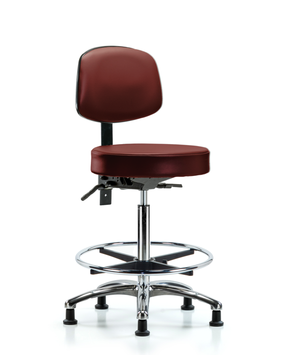 Blue Ridge Ergonomics VHBST-CR-T0-CF-RG-8815 Rutledge Vinyl Stool with Back Chrome - High Bench Height with Chrome Foot Ring & Stationary Glides in Borscht Supernova™ Vinyl