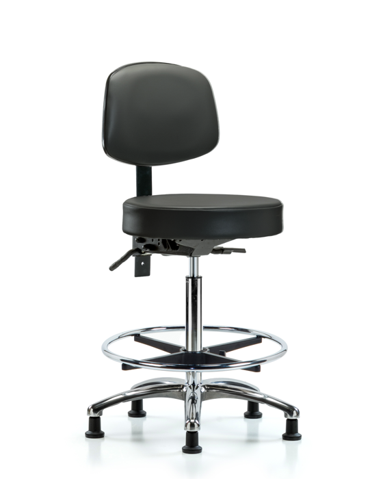 Blue Ridge Ergonomics VHBST-CR-T0-CF-RG-8823 Rutledge Vinyl Stool with Back Chrome - High Bench Height with Chrome Foot Ring & Stationary Glides in Carbon Supernova™ Vinyl