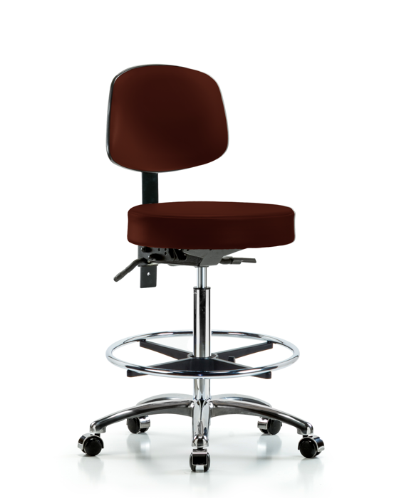 Blue Ridge Ergonomics VHBST-CR-T1-CF-CC-8569 Rutledge Vinyl Stool with Back Chrome - High Bench Height with Seat Tilt, Chrome Foot Ring, & Casters in Burgundy Trailblazer™ Vinyl
