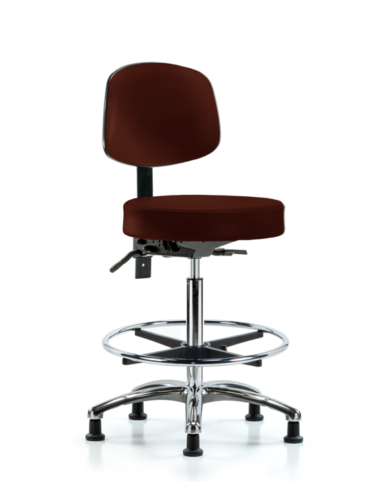 Blue Ridge Ergonomics VHBST-CR-T1-CF-RG-8569 Rutledge Vinyl Stool with Back Chrome - High Bench Height with Seat Tilt, Chrome Foot Ring, & Stationary Glides in Burgundy Trailblazer™ Vinyl