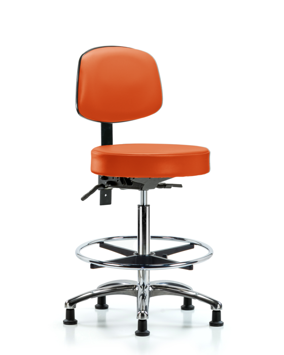 Blue Ridge Ergonomics VHBST-CR-T1-CF-RG-8613 Rutledge Vinyl Stool with Back Chrome - High Bench Height with Seat Tilt, Chrome Foot Ring, & Stationary Glides in Orange Kist Trailblazer™ Vinyl
