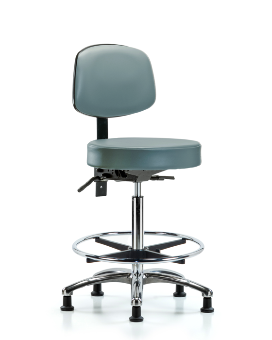 Blue Ridge Ergonomics VHBST-CR-T1-CF-RG-8822 Rutledge Vinyl Stool with Back Chrome - High Bench Height with Seat Tilt, Chrome Foot Ring, & Stationary Glides in Storm Supernova™ Vinyl