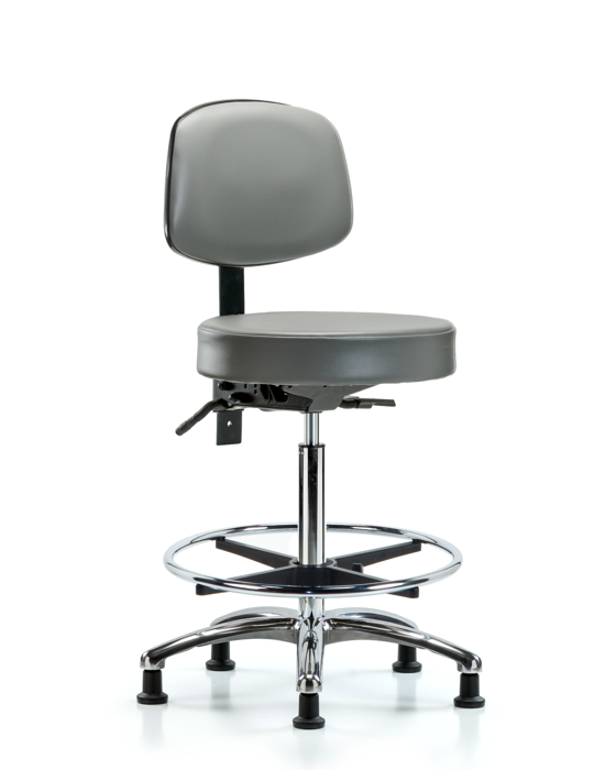 Blue Ridge Ergonomics VHBST-CR-T1-CF-RG-8840 Rutledge Vinyl Stool with Back Chrome - High Bench Height with Seat Tilt, Chrome Foot Ring, & Stationary Glides in Sterling Supernova™ Vinyl