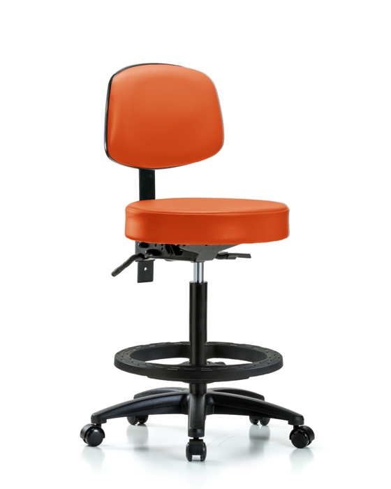 Blue Ridge Ergonomics VHBST-RG-T0-BF-RC-8613 Rutledge Vinyl Stool with Back - High Bench Height with Black Foot Ring & Casters in Orange Kist Trailblazer™ Vinyl
