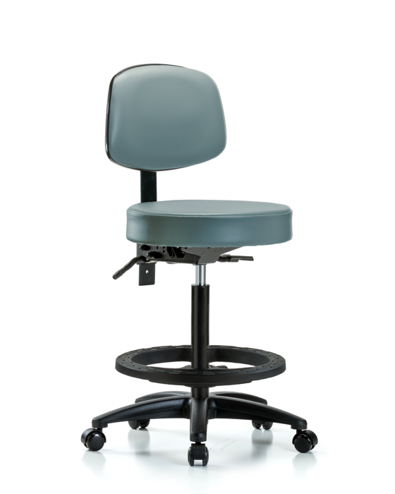 Blue Ridge Ergonomics VHBST-RG-T0-BF-RC-8822 Rutledge Vinyl Stool with Back - High Bench Height with Black Foot Ring & Casters in Storm Supernova™ Vinyl