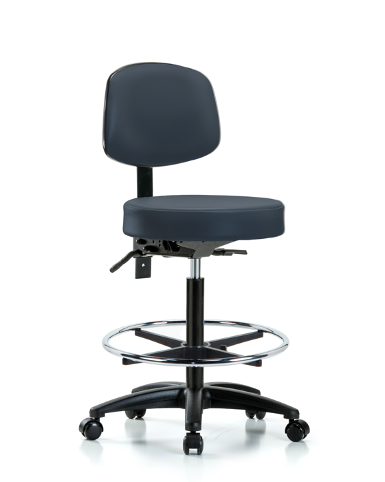 Blue Ridge Ergonomics VHBST-RG-T0-CF-RC-8582 Rutledge Vinyl Stool with Back - High Bench Height with Chrome Foot Ring & Casters in Imperial Blue Trailblazer™ Vinyl