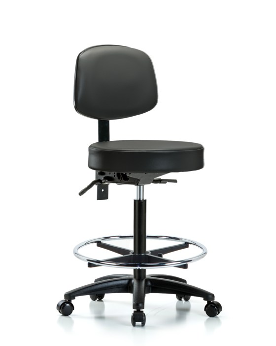 Blue Ridge Ergonomics VHBST-RG-T0-CF-RC-8823 Rutledge Vinyl Stool with Back - High Bench Height with Chrome Foot Ring & Casters in Carbon Supernova™ Vinyl