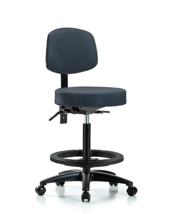 Blue Ridge Ergonomics VHBST-RG-T1-BF-RC-8582 Rutledge Vinyl Stool with Back - High Bench Height with Seat Tilt, Black Foot Ring, & Casters in Imperial Blue Trailblazer™ Vinyl