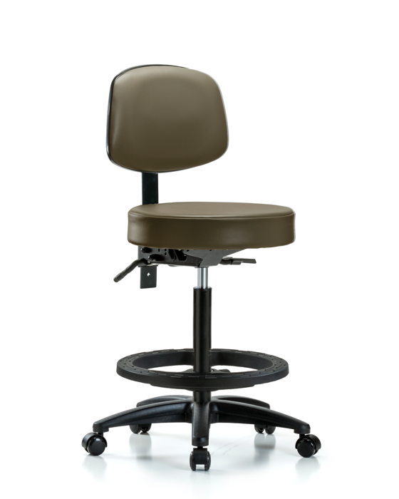 Blue Ridge Ergonomics VHBST-RG-T1-BF-RC-8809 Rutledge Vinyl Stool with Back - High Bench Height with Seat Tilt, Black Foot Ring, & Casters in Taupe Supernova™ Vinyl