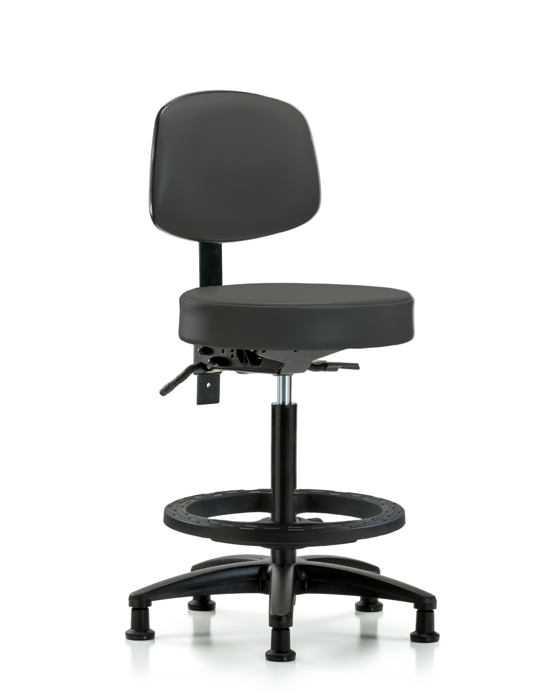 Blue Ridge Ergonomics VHBST-RG-T1-BF-RG-8605 Rutledge Vinyl Stool with Back - High Bench Height with Seat Tilt, Black Foot Ring, & Stationary Glides in Charcoal Trailblazer™ Vinyl