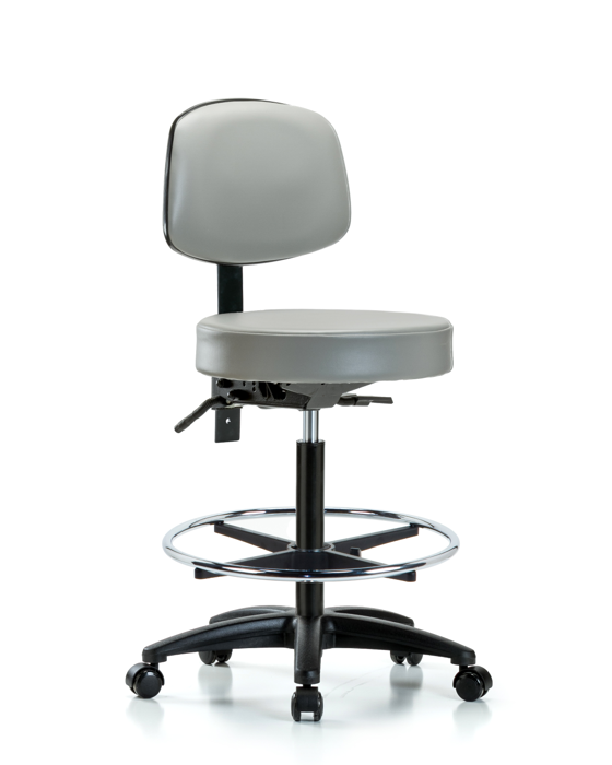 Blue Ridge Ergonomics VHBST-RG-T1-CF-RC-8567 Rutledge Vinyl Stool with Back - High Bench Height with Seat Tilt, Chrome Foot Ring, & Casters in Dove Trailblazer™ Vinyl