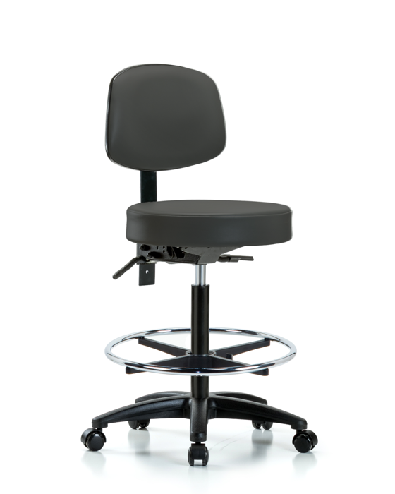 Blue Ridge Ergonomics VHBST-RG-T1-CF-RC-8605 Rutledge Vinyl Stool with Back - High Bench Height with Seat Tilt, Chrome Foot Ring, & Casters in Charcoal Trailblazer™ Vinyl