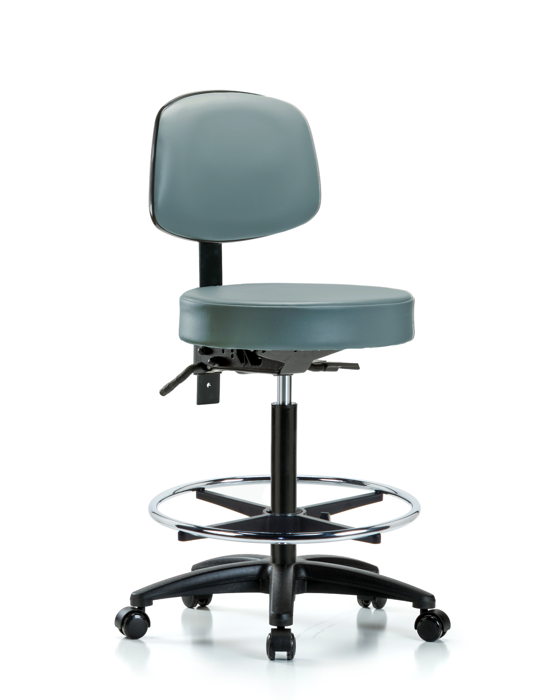 Blue Ridge Ergonomics VHBST-RG-T1-CF-RC-8822 Rutledge Vinyl Stool with Back - High Bench Height with Seat Tilt, Chrome Foot Ring, & Casters in Storm Supernova™ Vinyl