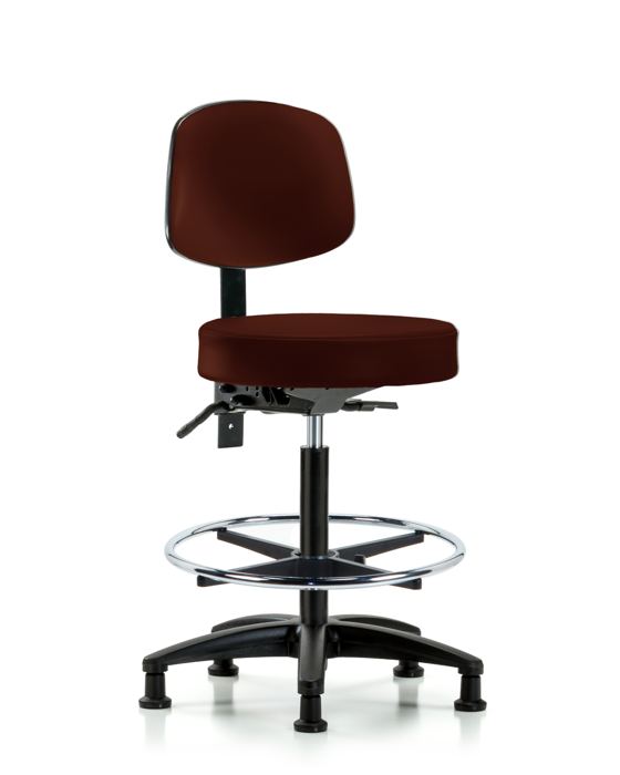 Blue Ridge Ergonomics VHBST-RG-T1-CF-RG-8569 Rutledge Vinyl Stool with Back - High Bench Height with Seat Tilt, Chrome Foot Ring, & Stationary Glides in Burgundy Trailblazer™ Vinyl