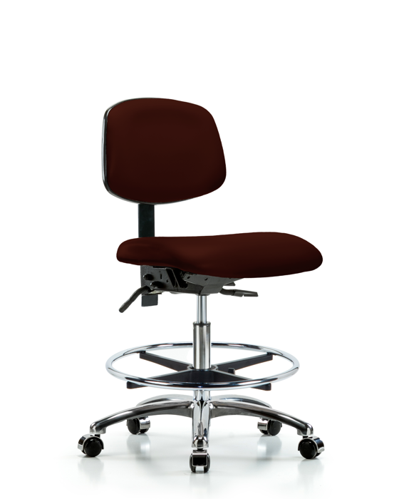 Blue Ridge Ergonomics VMBCH-CR-T0-A0-CF-CC-8569 Rutledge Vinyl Chair Chrome - Medium Bench Height with Chrome Foot Ring & Casters in Burgundy Trailblazer™ Vinyl