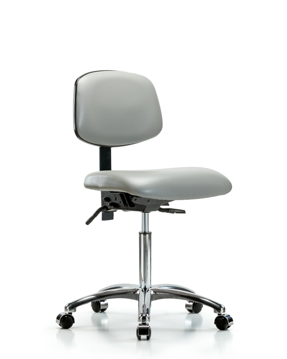 Blue Ridge Ergonomics VMBCH-CR-T0-A0-NF-CC-8567 Rutledge Vinyl Chair Chrome - Medium Bench Height with Casters in Dove Trailblazer™ Vinyl